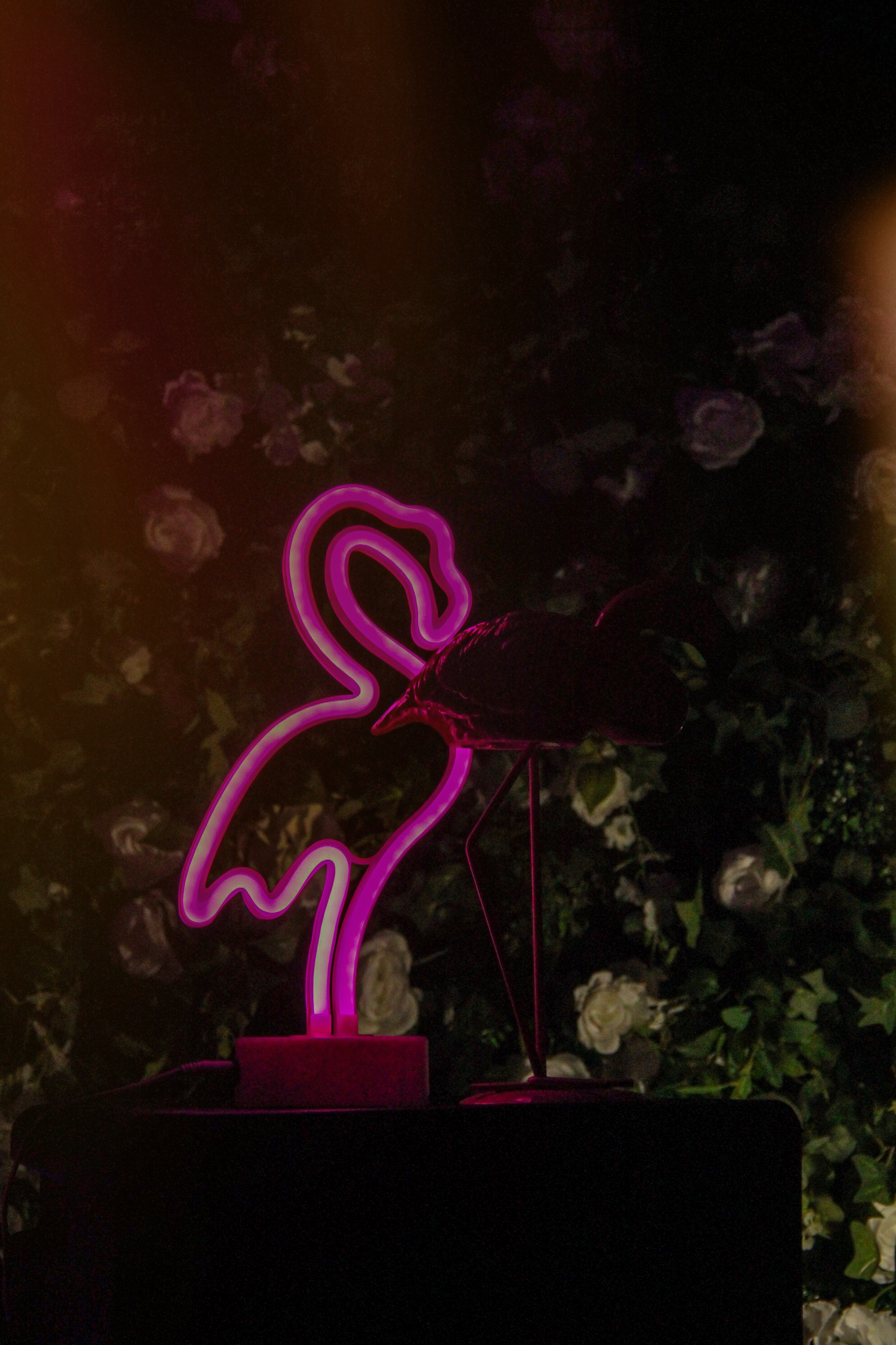 Pink neon flamingo on flower wall